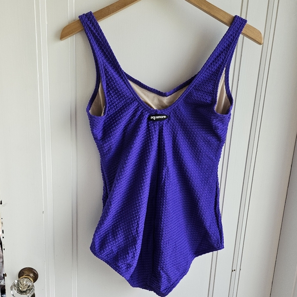 Swim & Sweat Chlorine Resistant AQUAMORE Solid Textured Shirred Front One Piece - Picture 6 of 13